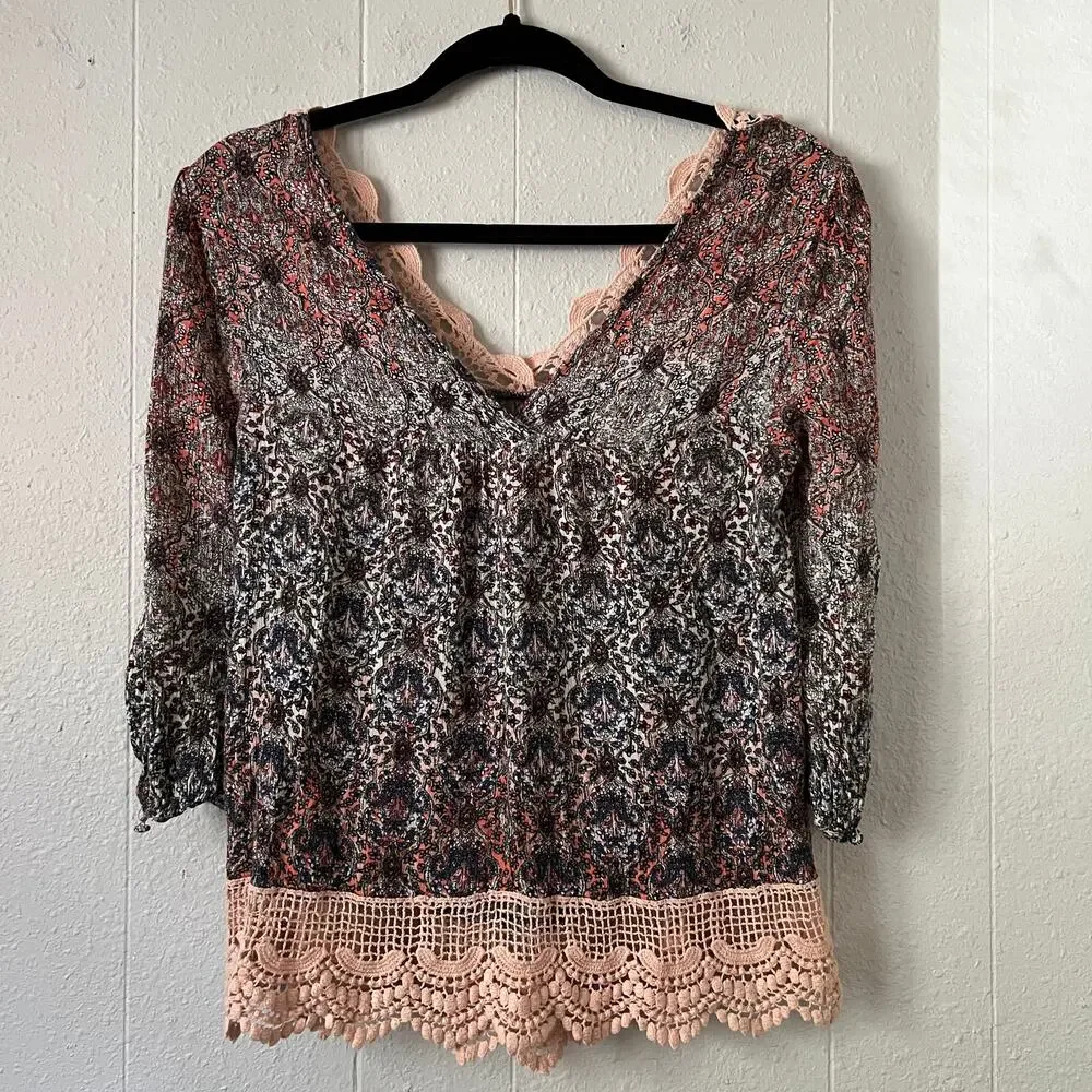 Self Esteem Lace Floral 3/4 Sleeve Top Womens Small Flowy Fairy Boho Cottage